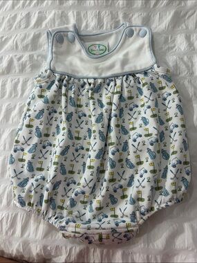 Grace and James Baby Golf Print Bubble Romper in White and Blue